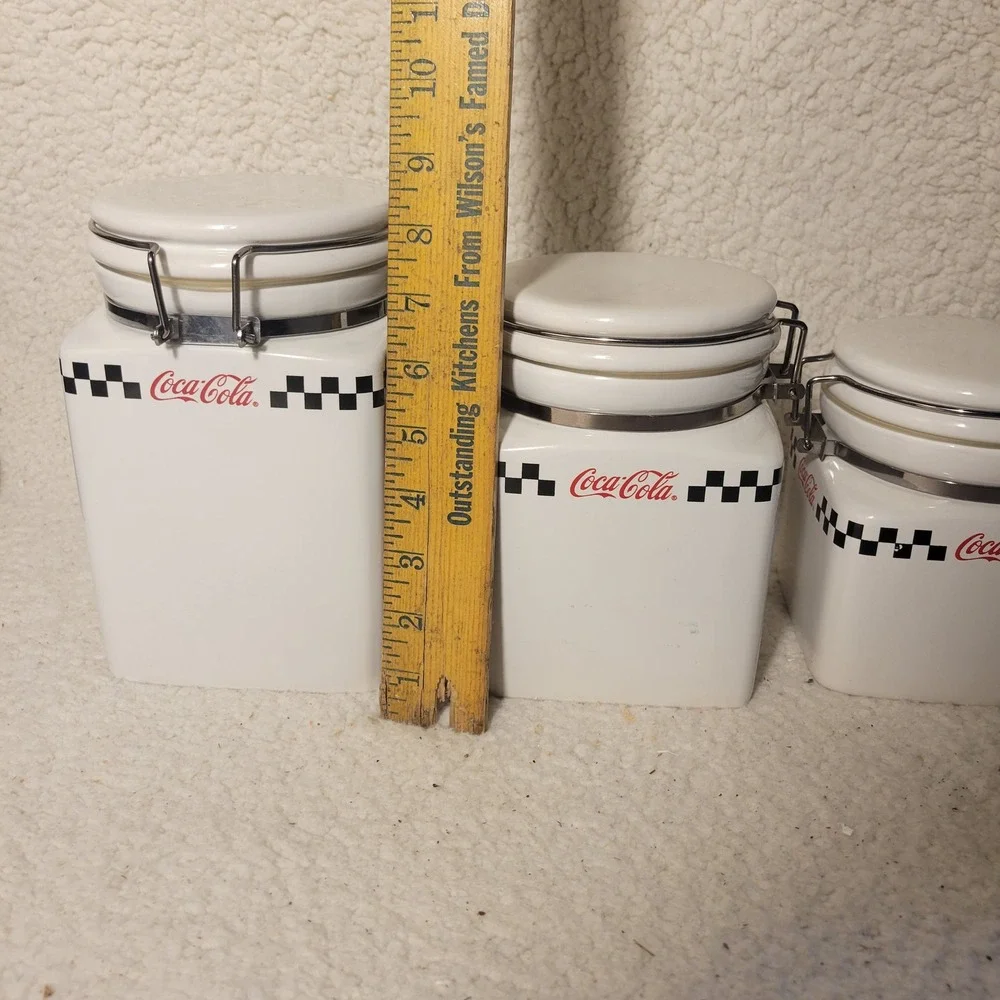 Coca-Cola Gibson Ceramic Canister Set 3pc White‎ Diner Checkered Retro 2002